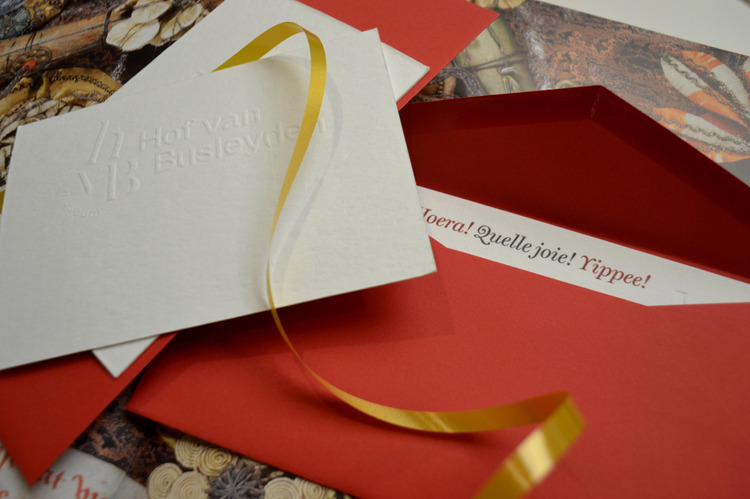 Een wit kaartje ligt op een rode envelop met gouden lintje. De tekst "Hoera! Quelle joie! Yippee!" is te lezen.
