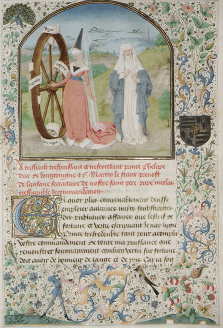 Een rijkelijk versierde manuscript pagina waar twee vrouwen met een rad worden afgebeeld.