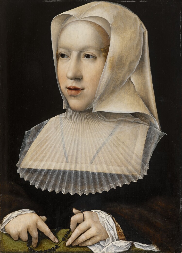 Portret van Margareta van Oostenrijk als volwassene, in zwarte kleding met een witte kap en kraag.